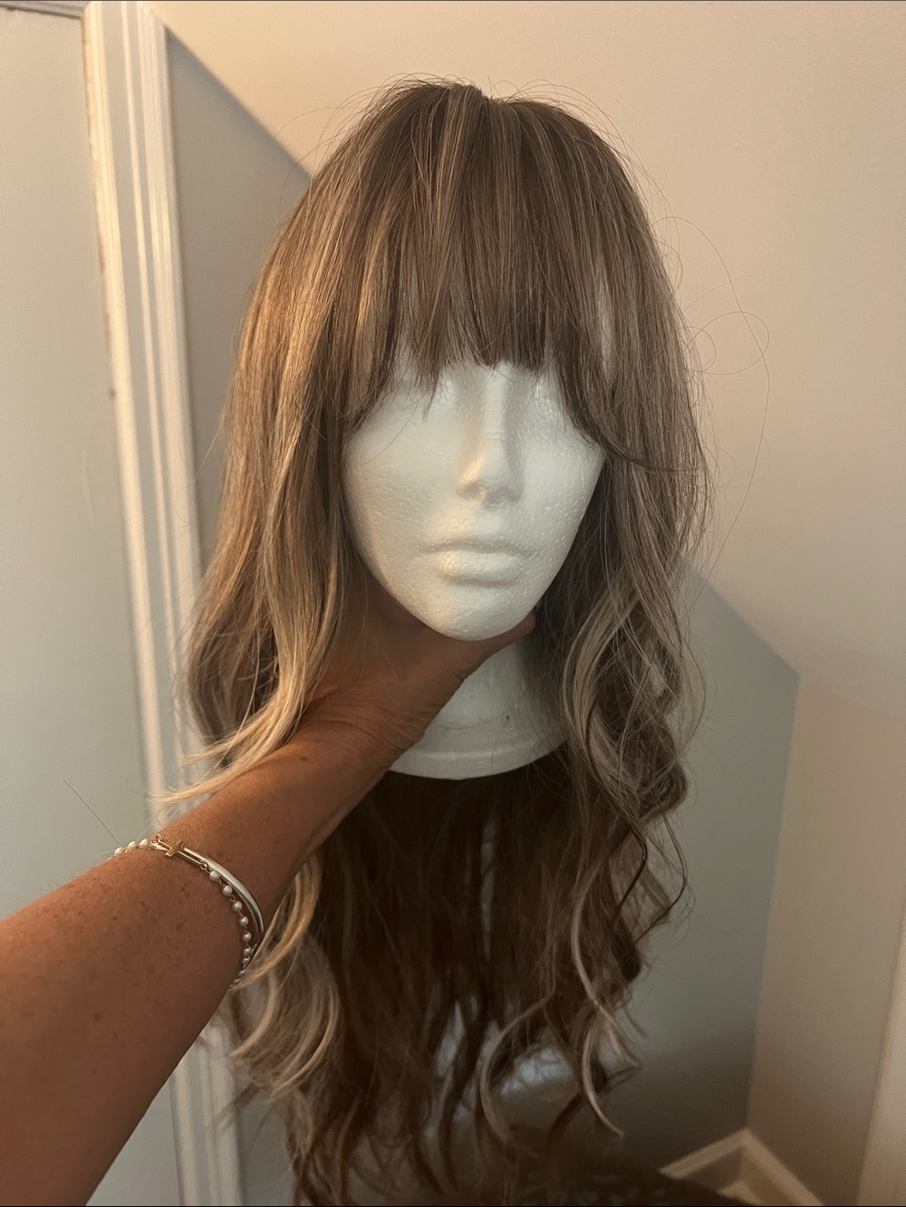 Natural Ash Blonde Long Wavy Women's Wig with Bangs